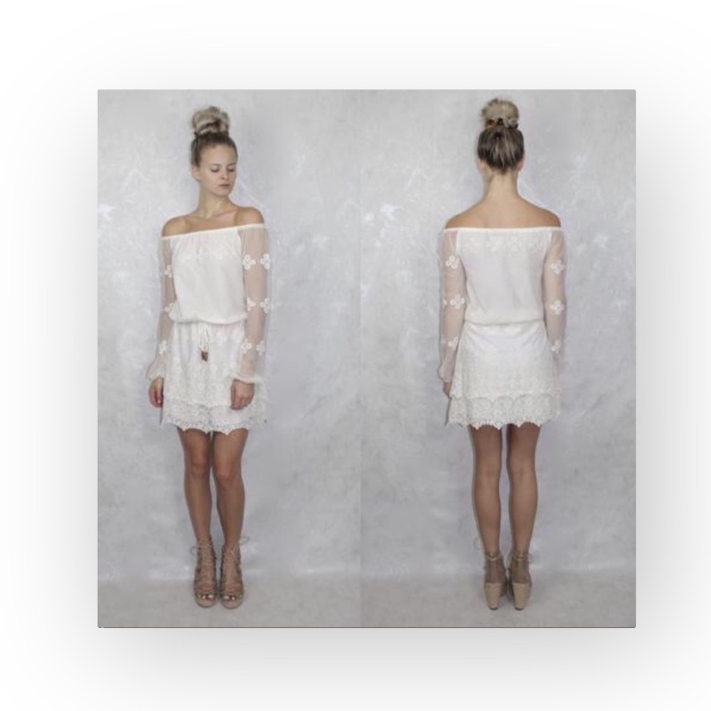 new Chaser ✶ Vintage Inspired Mesh + Lace Off Shouder Mini Dress ✶ Alabaster ✶ - Picture 9 of 16